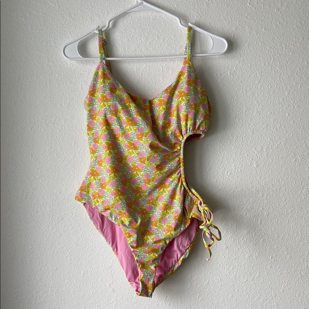 Dippin' Daisy's Pink and Green Floral One Piece Side Cut Out Retro Swimsuit